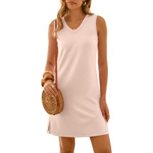 image:imageANRABESS Womens Summer Casual Beach Mini Dress 2026 Sleeveless V Neck Loose Split WrinkleFree Travel Vacation Short SundressApricot