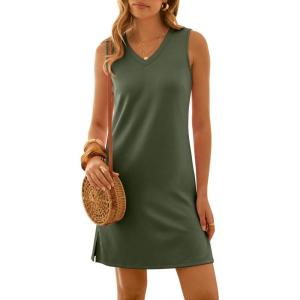 image:imageANRABESS Womens Summer Casual Beach Mini Dress 2026 Sleeveless V Neck Loose Split WrinkleFree Travel Vacation Short SundressArmy Green