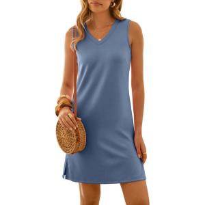 image:imageANRABESS Womens Summer Casual Beach Mini Dress 2026 Sleeveless V Neck Loose Split WrinkleFree Travel Vacation Short SundressGrey Blue