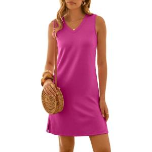 image:imageANRABESS Womens Summer Casual Beach Mini Dress 2026 Sleeveless V Neck Loose Split WrinkleFree Travel Vacation Short SundressHot Pink