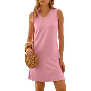 image:imageANRABESS Womens Summer Casual Beach Mini Dress 2026 Sleeveless V Neck Loose Split WrinkleFree Travel Vacation Short SundressPink