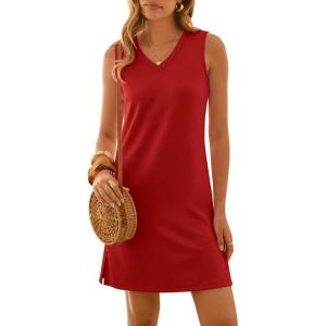 image:imageANRABESS Womens Summer Casual Beach Mini Dress 2026 Sleeveless V Neck Loose Split WrinkleFree Travel Vacation Short SundressRed