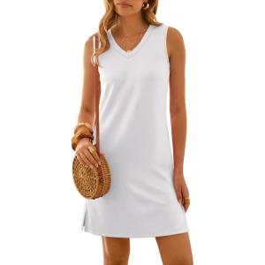 image:imageANRABESS Womens Summer Casual Beach Mini Dress 2026 Sleeveless V Neck Loose Split WrinkleFree Travel Vacation Short SundressWhite