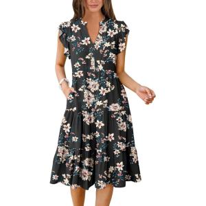 image:imageANRABESS Womens Summer Dress Ruffle Sleeve V Neck Midi Dresses Fashion Casual Fit Flowy Tiered Boho Beach Vacation SundressBlack Yellow Flower