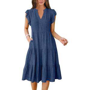 image:imageANRABESS Womens Summer Dress Ruffle Sleeve V Neck Midi Dresses Fashion Casual Fit Flowy Tiered Boho Beach Vacation SundressBlue