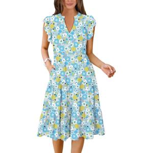 image:imageANRABESS Womens Summer Dress Ruffle Sleeve V Neck Midi Dresses Fashion Casual Fit Flowy Tiered Boho Beach Vacation SundressBlue Yellow Floral
