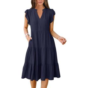image:imageANRABESS Womens Summer Dress Ruffle Sleeve V Neck Midi Dresses Fashion Casual Fit Flowy Tiered Boho Beach Vacation SundressDeep Navy Blue