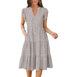 image:imageANRABESS Womens Summer Dress Ruffle Sleeve V Neck Midi Dresses Fashion Casual Fit Flowy Tiered Boho Beach Vacation SundressGrey Khaki Polka Dot