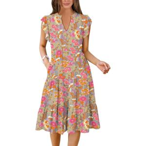 image:imageANRABESS Womens Summer Dress Ruffle Sleeve V Neck Midi Dresses Fashion Casual Fit Flowy Tiered Boho Beach Vacation SundressGrey Pink Floral