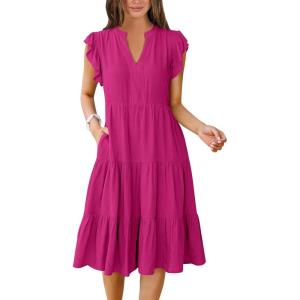 image:imageANRABESS Womens Summer Dress Ruffle Sleeve V Neck Midi Dresses Fashion Casual Fit Flowy Tiered Boho Beach Vacation SundressHot Pink