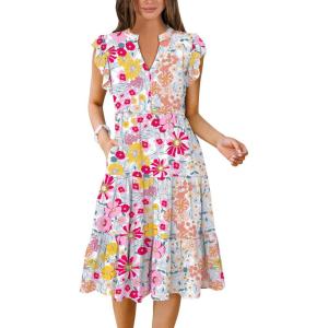 image:imageANRABESS Womens Summer Dress Ruffle Sleeve V Neck Midi Dresses Fashion Casual Fit Flowy Tiered Boho Beach Vacation SundressMulticolour Floral