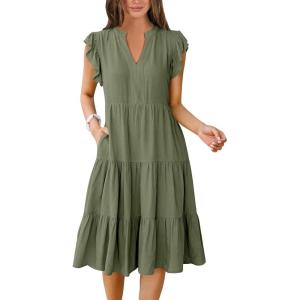 image:imageANRABESS Womens Summer Dress Ruffle Sleeve V Neck Midi Dresses Fashion Casual Fit Flowy Tiered Boho Beach Vacation SundressOlive