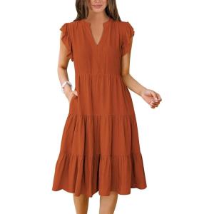 image:imageANRABESS Womens Summer Dress Ruffle Sleeve V Neck Midi Dresses Fashion Casual Fit Flowy Tiered Boho Beach Vacation SundressOrange Rust
