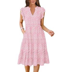 image:imageANRABESS Womens Summer Dress Ruffle Sleeve V Neck Midi Dresses Fashion Casual Fit Flowy Tiered Boho Beach Vacation SundressPink Floral