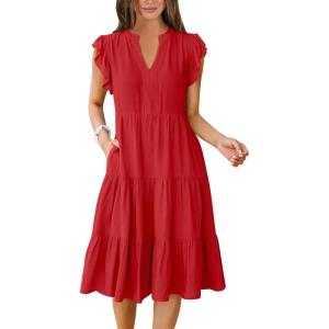 image:imageANRABESS Womens Summer Dress Ruffle Sleeve V Neck Midi Dresses Fashion Casual Fit Flowy Tiered Boho Beach Vacation SundressRed