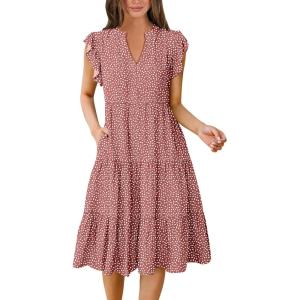 image:imageANRABESS Womens Summer Dress Ruffle Sleeve V Neck Midi Dresses Fashion Casual Fit Flowy Tiered Boho Beach Vacation SundressRust Red White Dot
