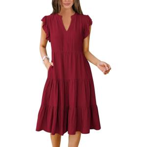 image:imageANRABESS Womens Summer Dress Ruffle Sleeve V Neck Midi Dresses Fashion Casual Fit Flowy Tiered Boho Beach Vacation SundressWine Red
