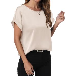 image:imageANRABESS Womens Summer Dressy Casual Short Sleeve Shirts Crewneck Satin 2026 Business Office Work Blouse TopsAlmond