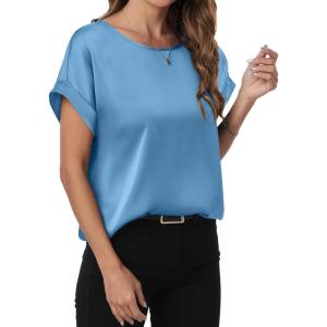 image:imageANRABESS Womens Summer Dressy Casual Short Sleeve Shirts Crewneck Satin 2026 Business Office Work Blouse TopsBlue