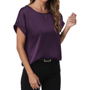 image:imageANRABESS Womens Summer Dressy Casual Short Sleeve Shirts Crewneck Satin 2026 Business Office Work Blouse TopsDark Purple