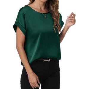 image:imageANRABESS Womens Summer Dressy Casual Short Sleeve Shirts Crewneck Satin 2026 Business Office Work Blouse TopsGreen