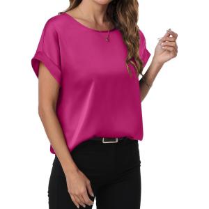 image:imageANRABESS Womens Summer Dressy Casual Short Sleeve Shirts Crewneck Satin 2026 Business Office Work Blouse TopsHot Pink
