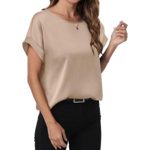image:imageANRABESS Womens Summer Dressy Casual Short Sleeve Shirts Crewneck Satin 2026 Business Office Work Blouse TopsKhaki