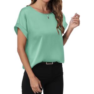 image:imageANRABESS Womens Summer Dressy Casual Short Sleeve Shirts Crewneck Satin 2026 Business Office Work Blouse TopsLight Green