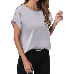 image:imageANRABESS Womens Summer Dressy Casual Short Sleeve Shirts Crewneck Satin 2026 Business Office Work Blouse TopsLight Grey