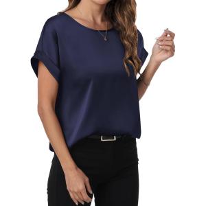 image:imageANRABESS Womens Summer Dressy Casual Short Sleeve Shirts Crewneck Satin 2026 Business Office Work Blouse TopsNavy Blue
