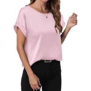 image:imageANRABESS Womens Summer Dressy Casual Short Sleeve Shirts Crewneck Satin 2026 Business Office Work Blouse TopsPink