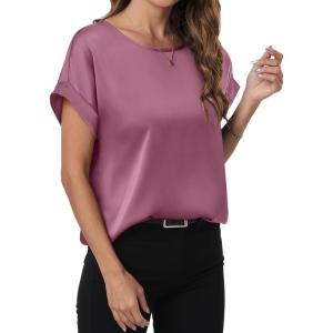 image:imageANRABESS Womens Summer Dressy Casual Short Sleeve Shirts Crewneck Satin 2026 Business Office Work Blouse TopsPink Purple