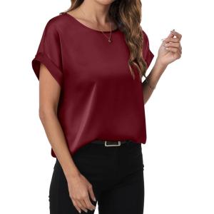 image:imageANRABESS Womens Summer Dressy Casual Short Sleeve Shirts Crewneck Satin 2026 Business Office Work Blouse TopsWine Red