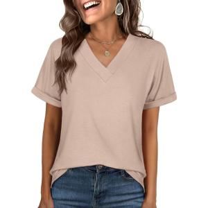 image:imageANRABESS Womens T Shirts Short Sleeve V Neck Shirts Summer Loose Fit Dressy Tops Business Casual Blouses 2026 Basic TeesAlmond