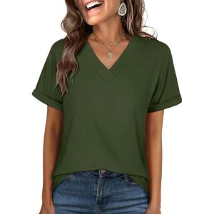image:imageANRABESS Womens T Shirts Short Sleeve V Neck Shirts Summer Loose Fit Dressy Tops Business Casual Blouses 2026 Basic TeesArmy Green