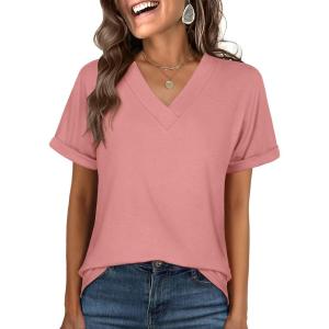 image:imageANRABESS Womens T Shirts Short Sleeve V Neck Shirts Summer Loose Fit Dressy Tops Business Casual Blouses 2026 Basic TeesCoral