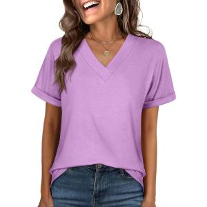 image:imageANRABESS Womens T Shirts Short Sleeve V Neck Shirts Summer Loose Fit Dressy Tops Business Casual Blouses 2026 Basic TeesLight Purple