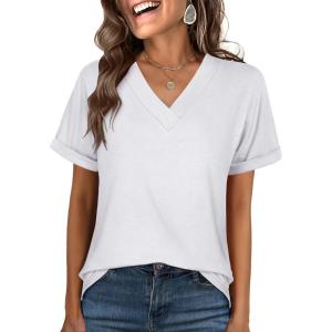 image:imageANRABESS Womens T Shirts Short Sleeve V Neck Shirts Summer Loose Fit Dressy Tops Business Casual Blouses 2026 Basic TeesWhite