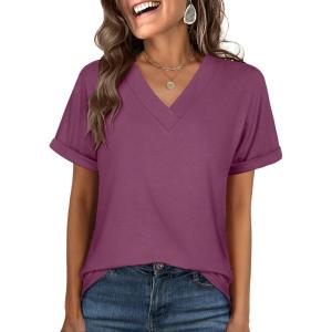 image:imageANRABESS Womens T Shirts Short Sleeve V Neck Shirts Summer Loose Fit Dressy Tops Business Casual Blouses 2026 Basic TeesWine Red