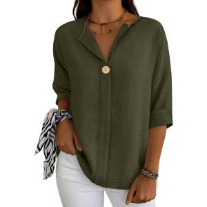 image:imageANRABESS Womens Tops 34 Sleeve Dressy Casual V Neck Henley Tee Shirts 2026 Summer Business Work Blouses Fashion ClothesArmy Green