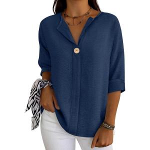 image:imageANRABESS Womens Tops 34 Sleeve Dressy Casual V Neck Henley Tee Shirts 2026 Summer Business Work Blouses Fashion ClothesNavy Blue