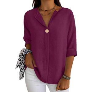 image:imageANRABESS Womens Tops 34 Sleeve Dressy Casual V Neck Henley Tee Shirts 2026 Summer Business Work Blouses Fashion ClothesPurple Red