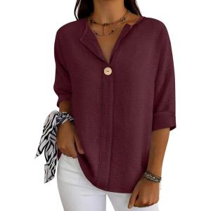 image:imageANRABESS Womens Tops 34 Sleeve Dressy Casual V Neck Henley Tee Shirts 2026 Summer Business Work Blouses Fashion ClothesWine Red