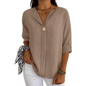 image:imageANRABESS Womens Tops 34 Sleeve Dressy Casual V Neck Henley Tee Shirts 2026 Summer Business Work Blouses Fashion ClothesYellow Khaki