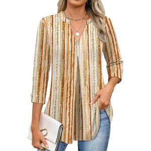 image:imageANRABESS Womens Tops Business Dressy Casual Blouses 34 Length Sleeve Shirts 2026 Fall Work Tunic Tee TShirts Office OutfitsBrown Green Strips