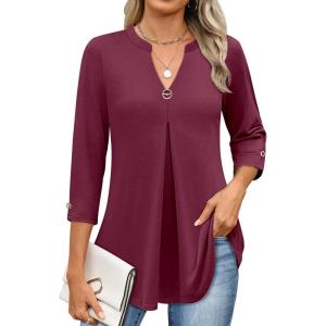 image:imageANRABESS Womens Tops Business Dressy Casual Blouses 34 Length Sleeve Shirts 2026 Fall Work Tunic Tee TShirts Office OutfitsBurgundy