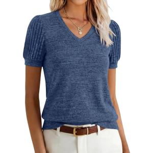 image:imageANRABESS Womens Tops Summer Sweaters Dressy Casual V Neck Tunic Blouses Short Sleeve Basic Tee Shirts 2026 Trendy ClothesBlue