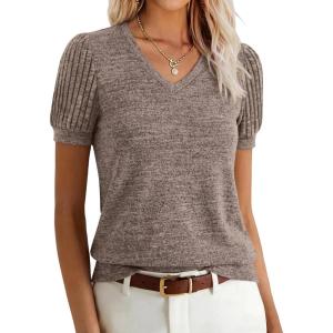 image:imageANRABESS Womens Tops Summer Sweaters Dressy Casual V Neck Tunic Blouses Short Sleeve Basic Tee Shirts 2026 Trendy ClothesBrown