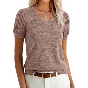 image:imageANRABESS Womens Tops Summer Sweaters Dressy Casual V Neck Tunic Blouses Short Sleeve Basic Tee Shirts 2026 Trendy ClothesBurnt Tan