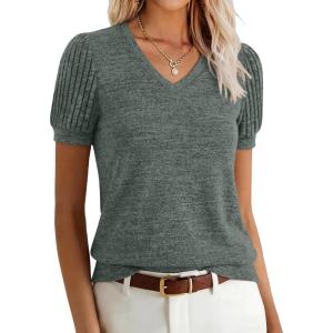 image:imageANRABESS Womens Tops Summer Sweaters Dressy Casual V Neck Tunic Blouses Short Sleeve Basic Tee Shirts 2026 Trendy ClothesDeep Green